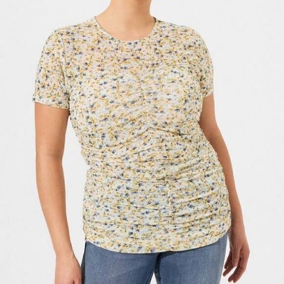Torrid Plus Size Stretch Mesh Crew Neck Ruched Floral Shirt Blouse Top - Picture 2 of 5